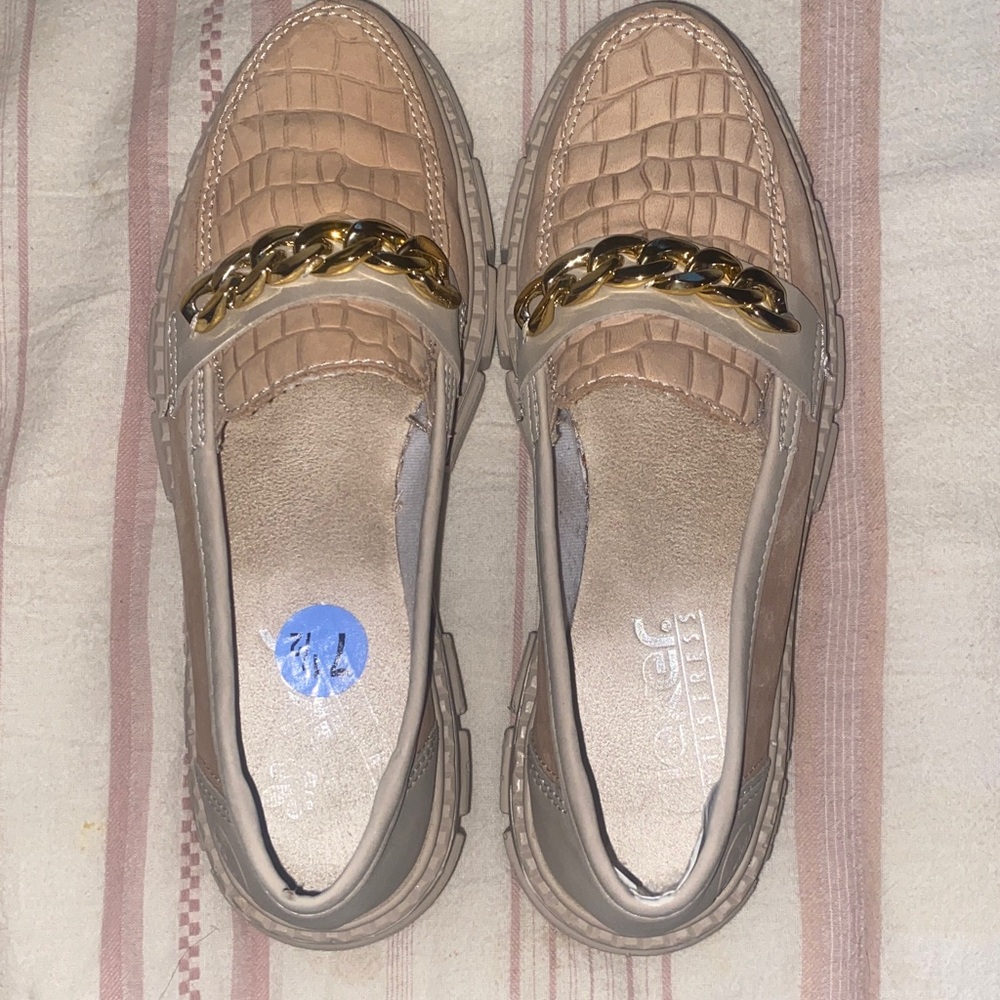 Rieker Beige Loafers with Gold Chain Accent